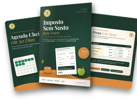 Os três materiais do pacote: Agenda Cheia em 30 Dias, guia Imposto Sem Susto e Planilha Preço Sem Susto